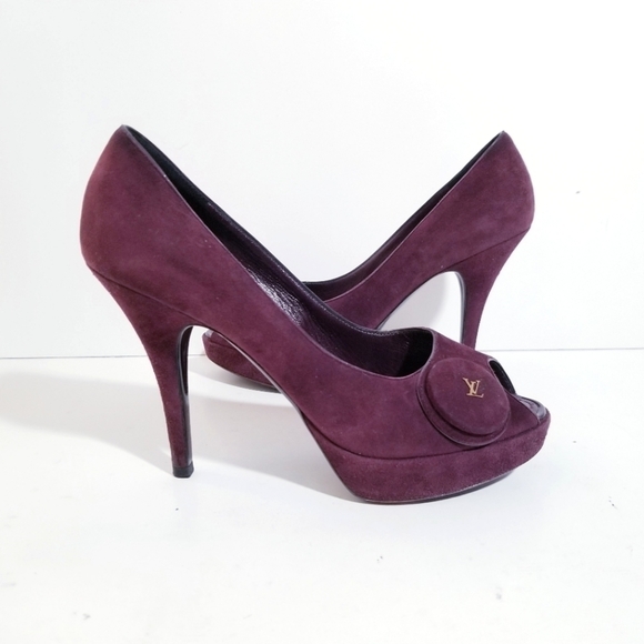 LOUIS VUITTON Chelsea Open Toe Aubergine Suede Leather Pumps 37 US 7 - Picture 6 of 16